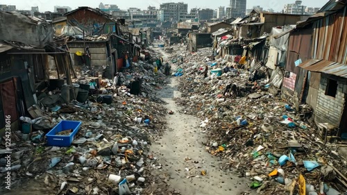 Overcrowded Urban Slum with Extensive Waste and Debris Poverty Developing Country