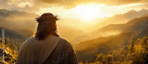 Jesus with crown of thorns looking at the sunrise in mountains, Easter concept  photo