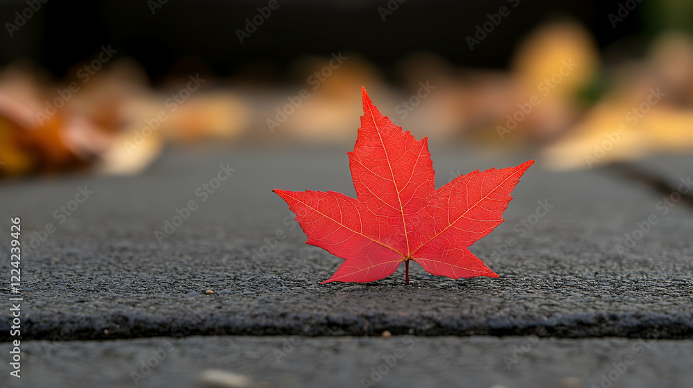 Vibrant Red Maple Leaf on Textured Pavement in Autumn Scene Vibrant Red Maple Leaf on Textured Pavement in Autumn Scene