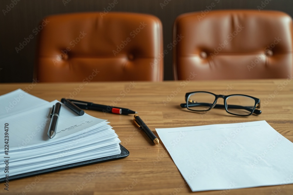 Office desk with papers, pen, and glasses in a professional setting Office desk with papers, pen, and glasses in a professional setting