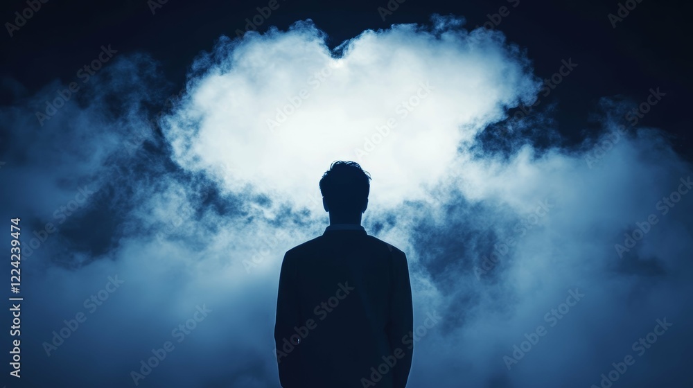 Silhouette Amidst Mysterious Blue Clouds Reflecting States of Mind and Solitude Silhouette Amidst Mysterious Blue Clouds Reflecting States of Mind and Solitude