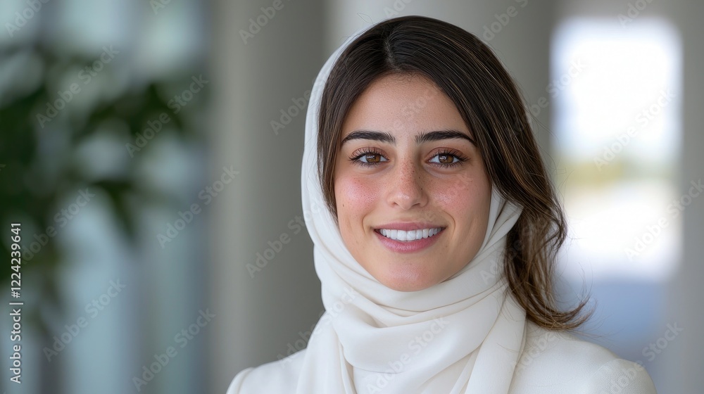 Smiling woman in hijab, modern office background, professional portrait Smiling woman in hijab, modern office background, professional portrait