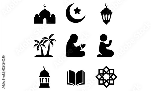 Ramadan Arabic Islamic celebration icon set silhouette style icon