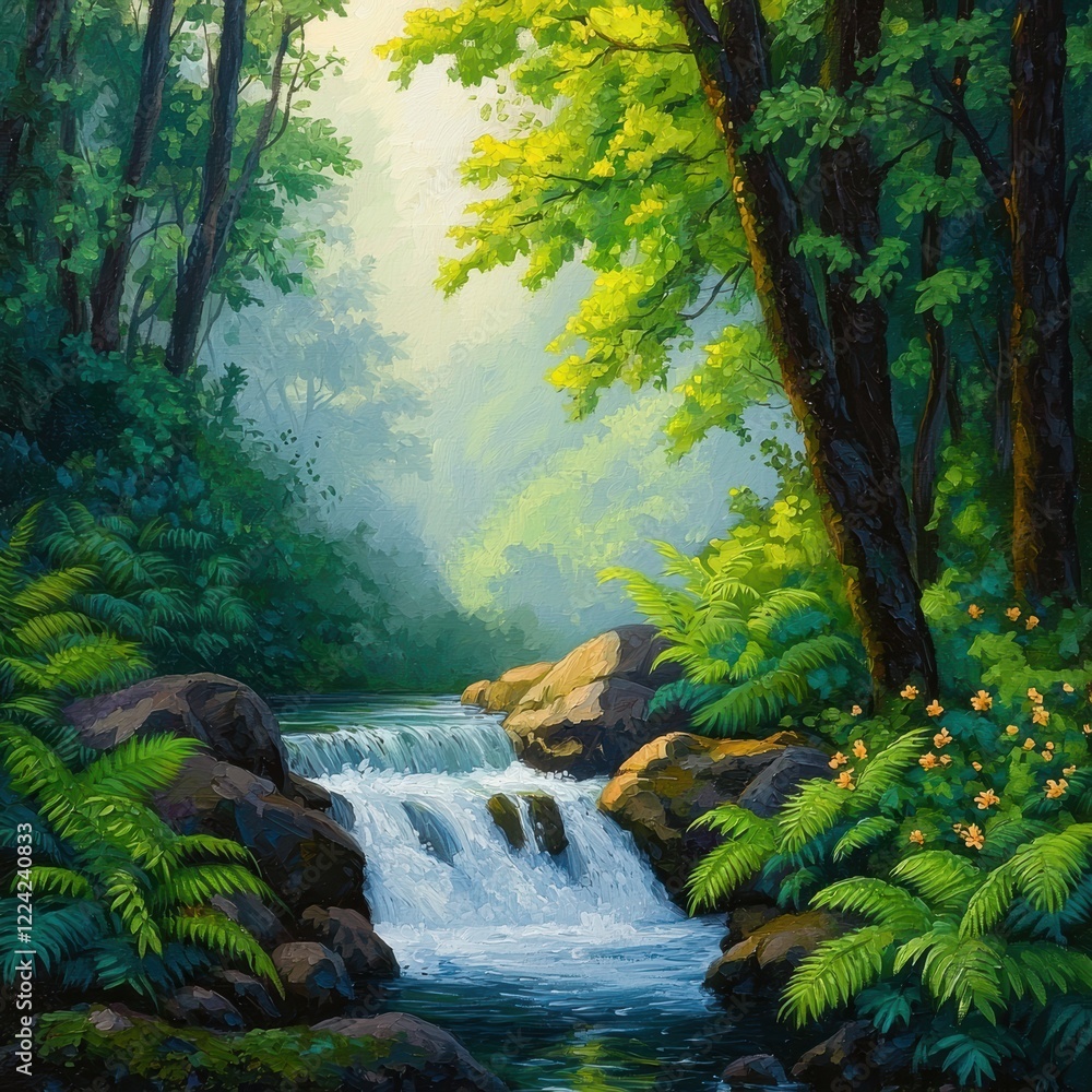 Fototapeta premium Lush Forest Landscape with Cascading Waterfall and Sunlight