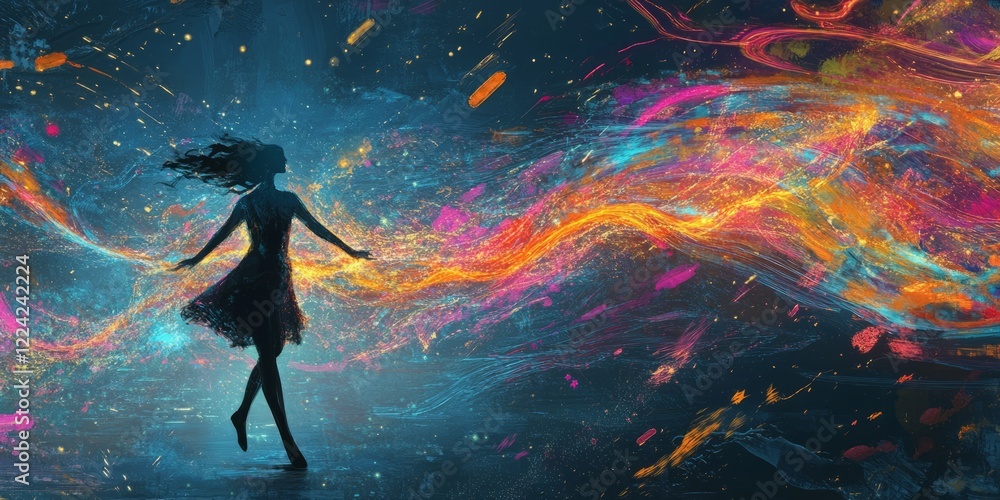Enchanting Silhouette of a Dancer Amidst a Vivid Swirl of Colorful Abstract Light Streaks Enchanting Silhouette of a Dancer Amidst a Vivid Swirl of Colorful Abstract Light Streaks