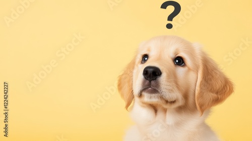 A close-up image of a curious puppy with a question mark above its head, symbolizing confusion or curiosity.