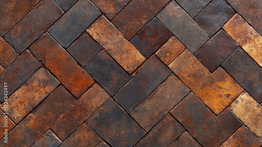 Rustic Brown Brickwork: A Herringbone Pattern of Aged Tiles Rustic Brown Brickwork: A Herringbone Pattern of Aged Tiles