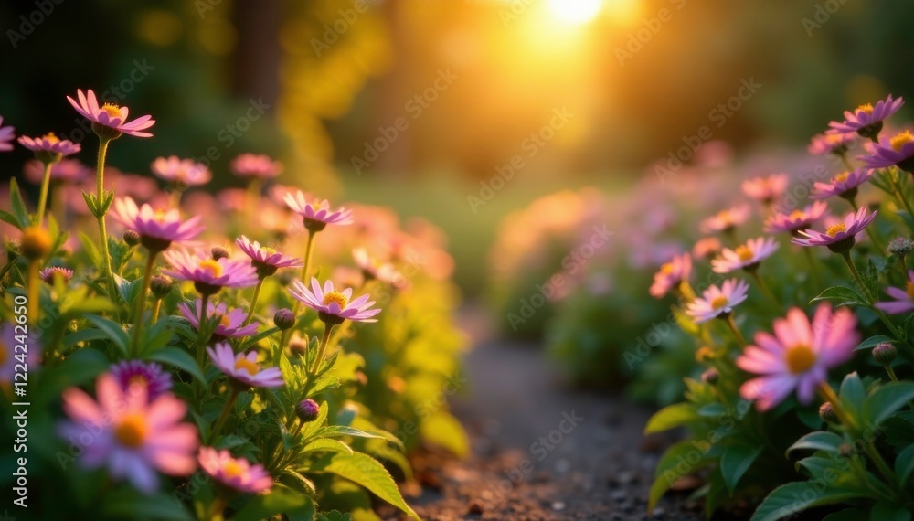 Softly glowing asters against warm golden light fall on the garden path, golden light, warm light, Softly glowing asters against warm golden light fall on the garden path, golden light, warm light,