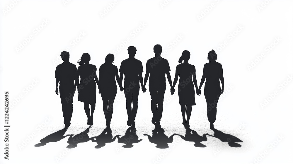 Group of People Holding Hands in Silhouette on White Background Group of People Holding Hands in Silhouette on White Background