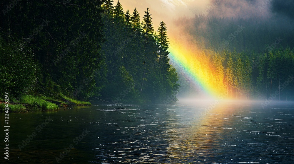 Serene rainbow arching over a tranquil lake surrounded by lush evergreen trees at dawn Serene rainbow arching over a tranquil lake surrounded by lush evergreen trees at dawn