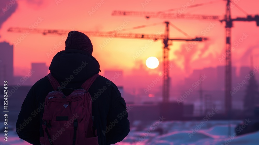 Fototapeta premium Person With Backpack Silhouetted Against a Vibrant Sunrise Over a Construction Site