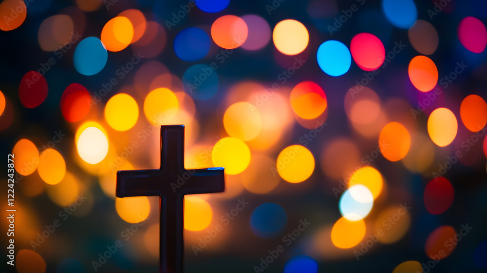 Silhouette of Cross Against Colorful Blurred Lights in Evening Spirituality Background : Generative AI Silhouette of Cross Against Colorful Blurred Lights in Evening Spirituality Background : Generative AI