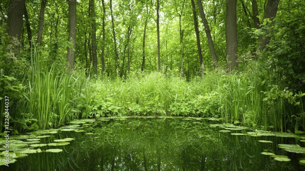 Serene forest pond reflecting lush greenery, peaceful nature scene, ideal for relaxation and nature documentaries Serene forest pond reflecting lush greenery, peaceful nature scene, ideal for relaxation and nature documentaries
