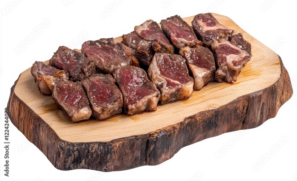 Seared beef cubes on rustic wooden board. Seared beef cubes on rustic wooden board.