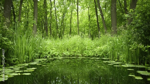 Serene forest pond reflecting lush greenery  peaceful nature scene  ideal for relaxation and nature documentaries