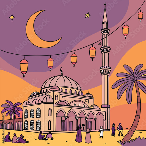 Create a vibrant Ramadan scene featuring a crescent moon, lanterns, and a mosque at sunset