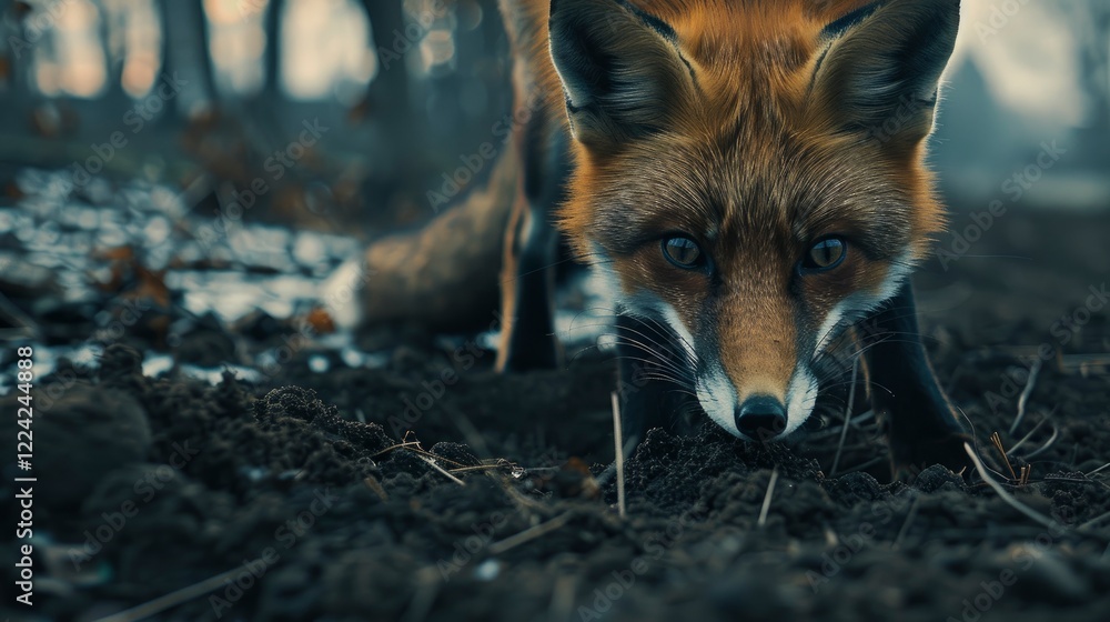 Obraz premium Close-up of a fox foraging on the forest floor during early spring, surrounded by trees and fallen leaves