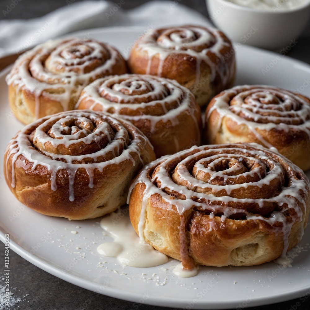 A plate of freshly baked cinnamon rolls with icing drizzled on top. Cinnamon rolls topped with cream cheese icing Elegant breakfast tray featuring freshly baked cinnamon rolls and juice in a luxurious A plate of freshly baked cinnamon rolls with icing drizzled on top. Cinnamon rolls topped with cream cheese icing Elegant breakfast tray featuring freshly baked cinnamon rolls and juice in a luxurious