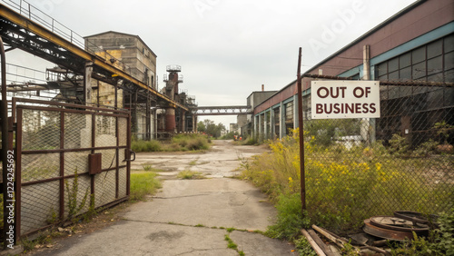 abandoned factory with sign reading Out of Business