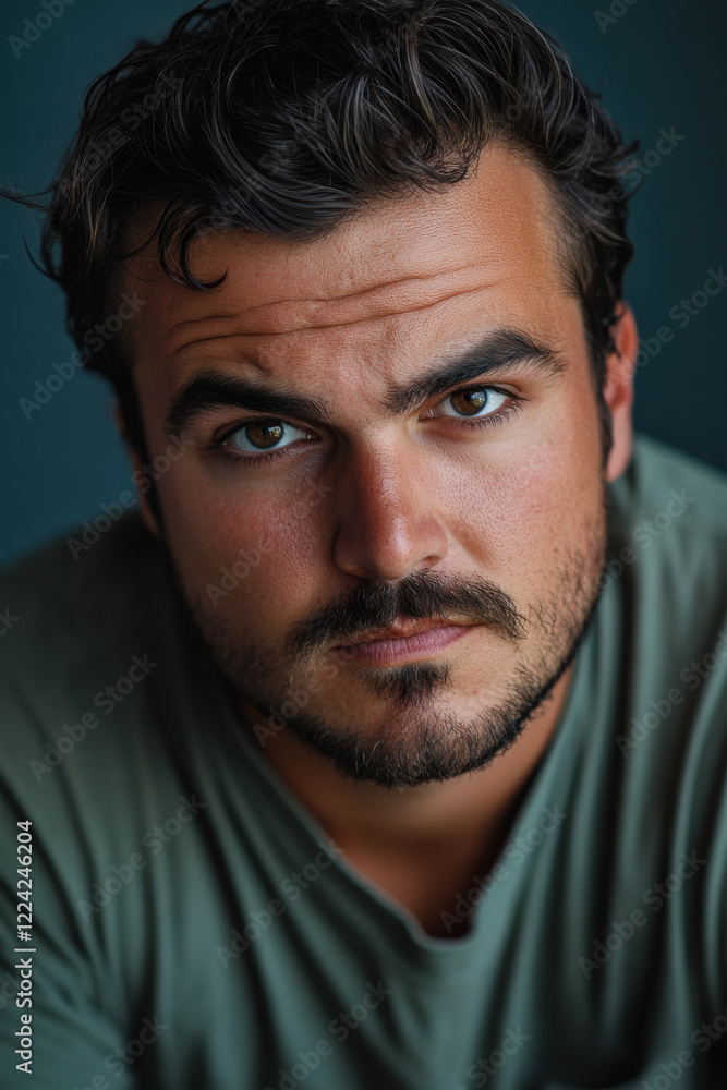 Man staring intently with a serious and focused expression Man staring intently with a serious and focused expression