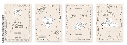Valentine's day cupid card collection. Cute love sale flyer template, poster, label, ad, copy space, cover, banner design set. Modern line art background. Trendy hand drawn style. Vector illustration.