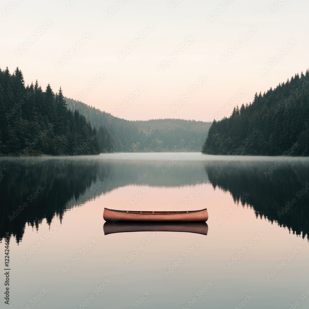 Serene Canoe on a Misty Lake at Sunrise Serene Canoe on a Misty Lake at Sunrise