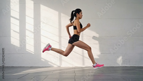 Dynamic Runner: Capturing the energy and focus of a woman in motion, a dynamic athlete leaps forward with purposeful stride in a studio setting, highlighting the power and grace of running.  photo