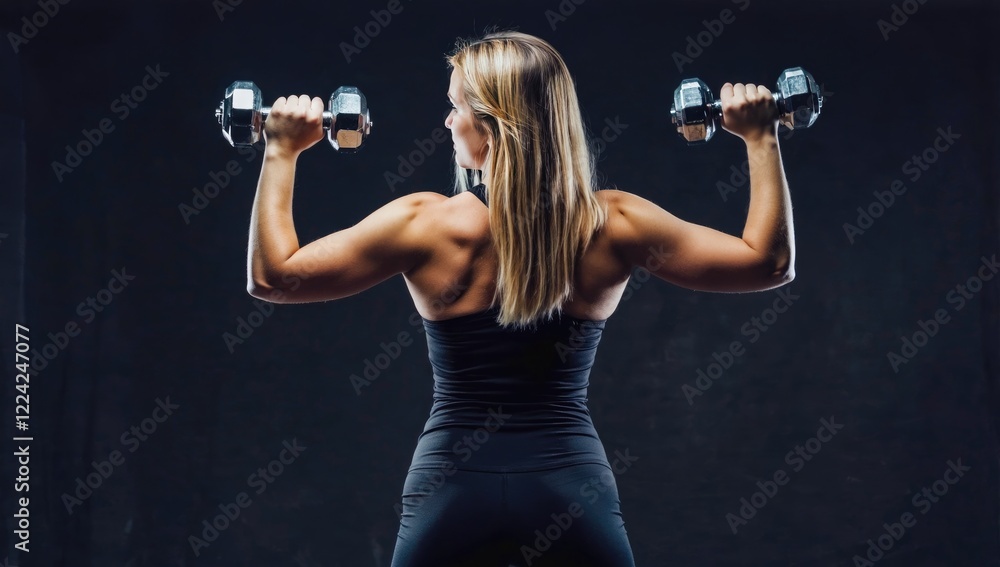 Strength and Determination: A rear view of a determined woman lifting weights during a workout. She's focused and dedicated, her body toned and strong, a testament to her fitness journey. Strength and Determination: A rear view of a determined woman lifting weights during a workout. She's focused and dedicated, her body toned and strong, a testament to her fitness journey.