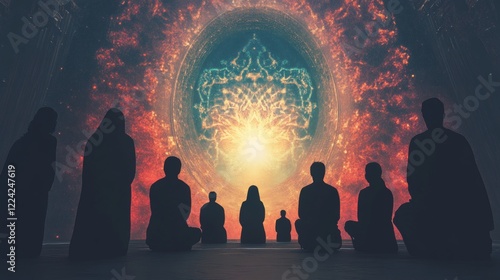 Spiritual Journey in Cosmic Realm with Silhouettes of Meditators photo