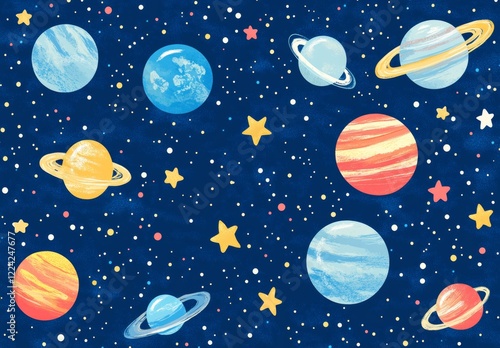 A colorful painting of planets and stars with a blue background