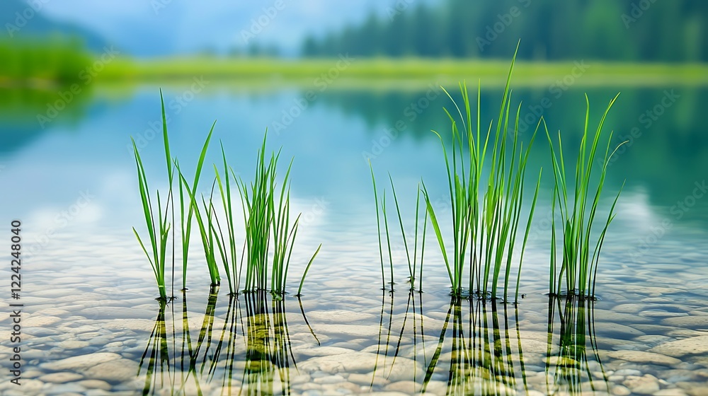 Calm lake, grass reflections, mountain backdrop, serene nature scene, ideal for relaxation Calm lake, grass reflections, mountain backdrop, serene nature scene, ideal for relaxation