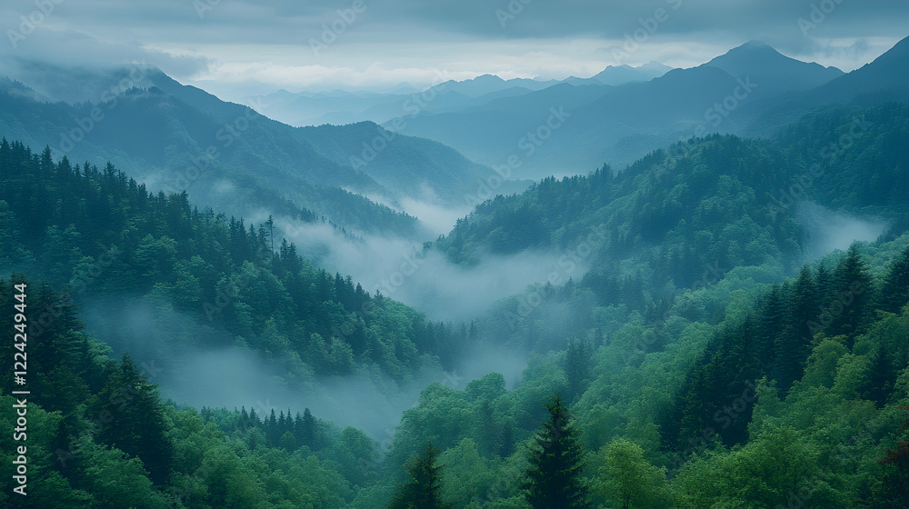 Fototapeta premium Serene Misty Mountains with Lush Green Forests and Rolling Hills