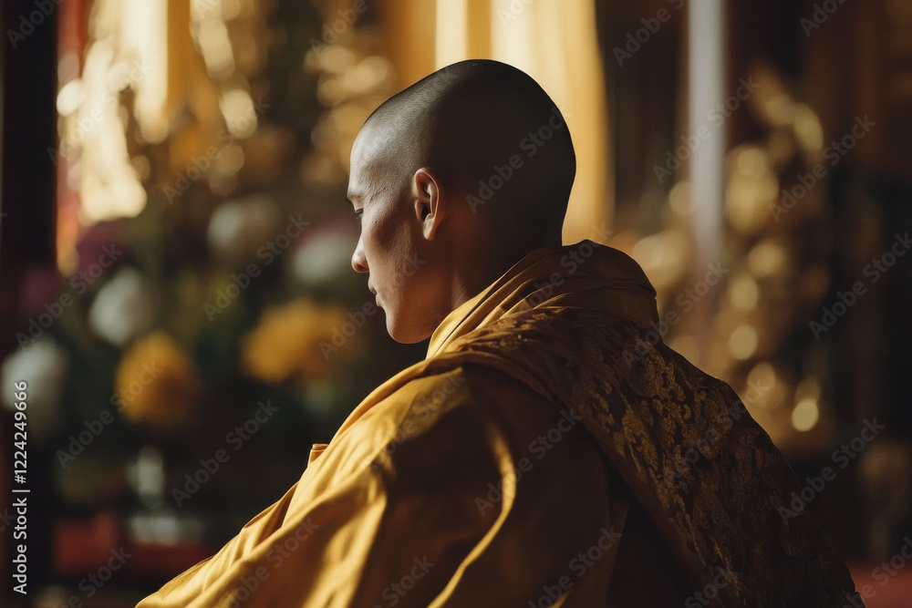 Obraz premium Ear view of Buddhist monk with shaved head wearing golden robe sitting indoors in a temple