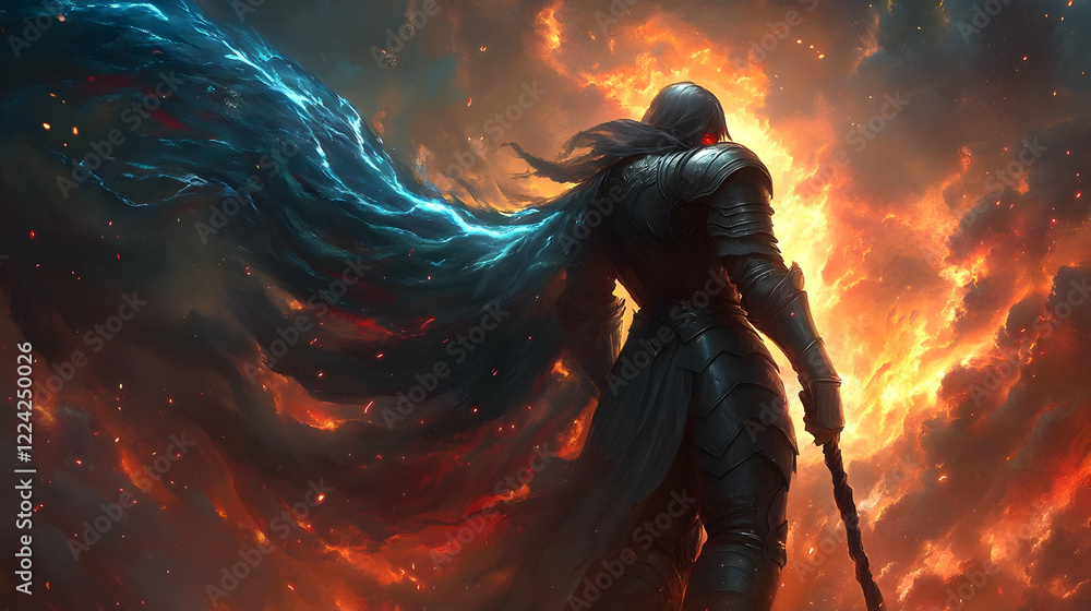Obraz premium Warrior Contemplates Fiery Storm, Epic Fantasy Art