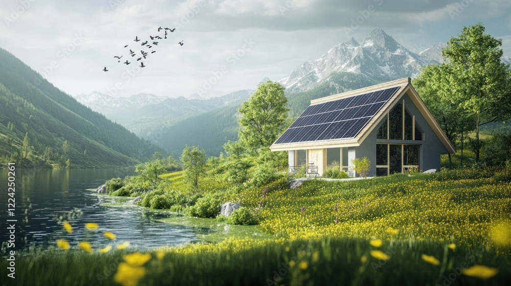 Fototapeta premium Eco-friendly house with solar panels nestled in a mountain valley landscape.