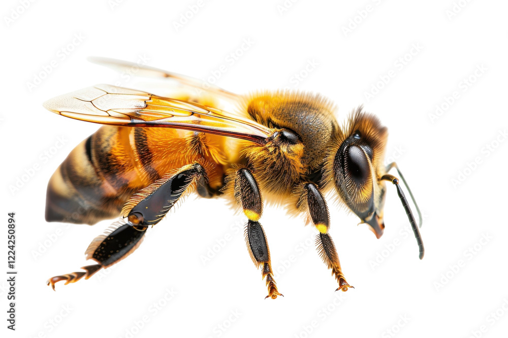 A close-up view of a honeybee showcasing its intricate wings and fuzzy body highlights nature's art in vibrant detail isolated on transparent background A close-up view of a honeybee showcasing its intricate wings and fuzzy body highlights nature's art in vibrant detail isolated on transparent background