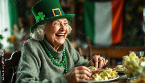 Elderly caucasian female celebrating st. patrick's day with joyful smile and traditional irish meal