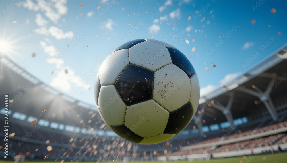 Obraz premium Soccer ball in flight, stadium background.