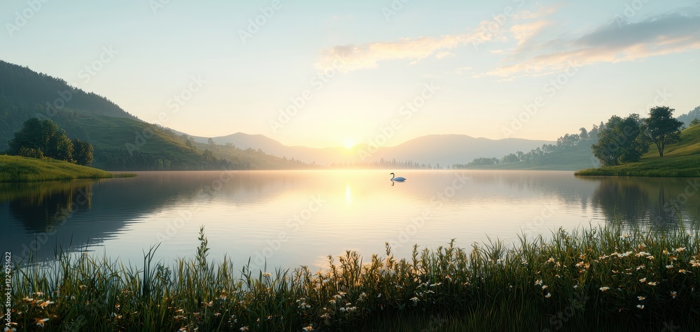 Fototapeta premium Serene Sunrise over a Calm Lake in the Mountains