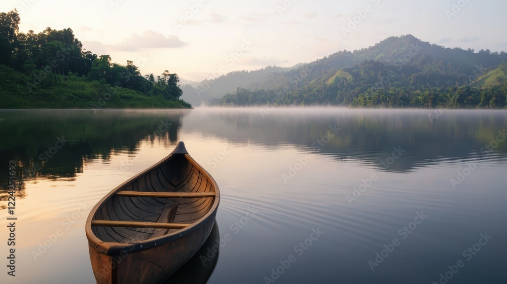 Serene Sunrise over a Misty Lake with a Small Boat Serene Sunrise over a Misty Lake with a Small Boat