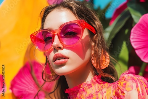 Stylish woman in vibrant sunglasses and earrings, surrounded by colorful flowers, enjoys a sunny day. Fashion and summer vibes.