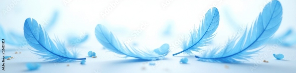 Softly glowing blue feathers scattered on a white background, nature, calm, gentle Softly glowing blue feathers scattered on a white background, nature, calm, gentle