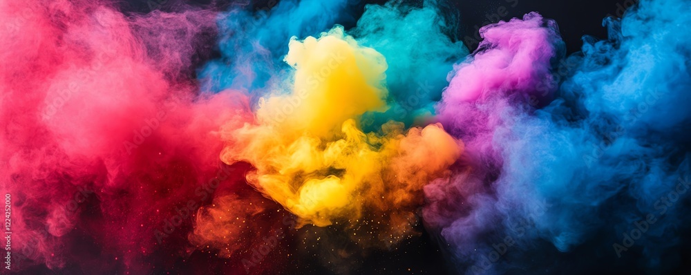 Vibrant plumes of colored powder create a dynamic explosion of red, blue, yellow, and pink on a dark background, symbolizing creativity and celebration. Vibrant plumes of colored powder create a dynamic explosion of red, blue, yellow, and pink on a dark background, symbolizing creativity and celebration.