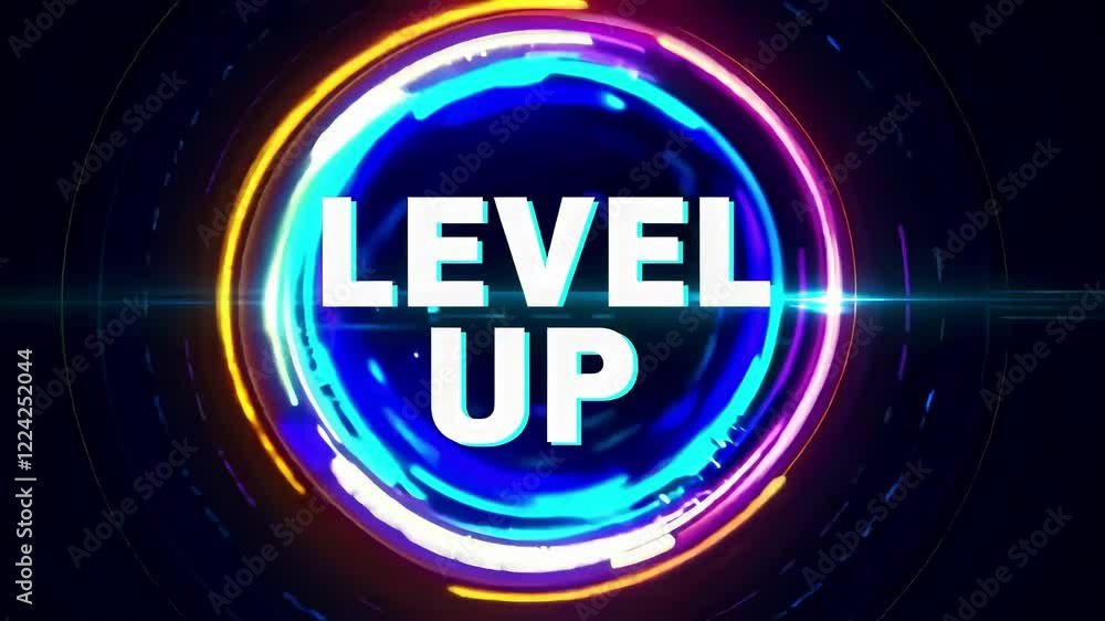 Level Up text with neon circular light moving around on dark background. Futuristic design, gaming, motivation, progress
