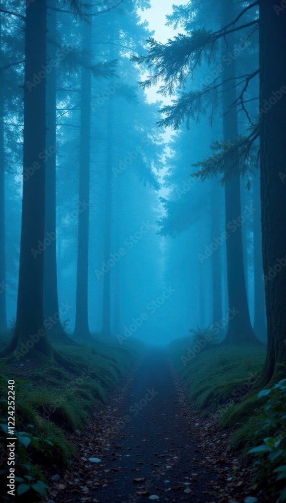 Fototapeta premium Softly glowing blue fog surrounds a mystical forest, atmospheric, nature
