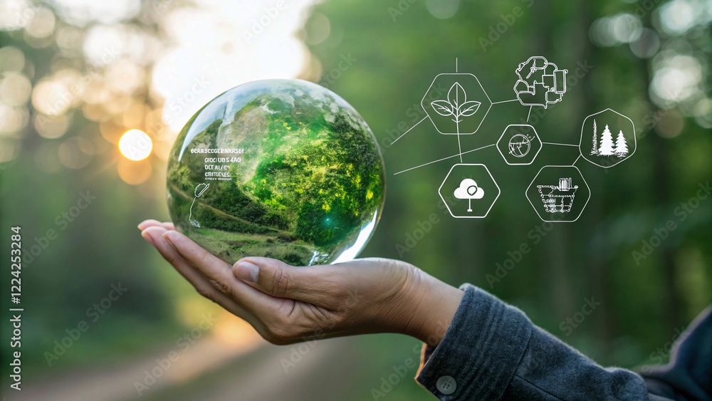 hands holding a globe with icons of renewable energy, clean environment of ESG, co2, circular company, and net zero water, and environmental protection. hands holding a globe with icons of renewable energy, clean environment of ESG, co2, circular company, and net zero water, and environmental protection.