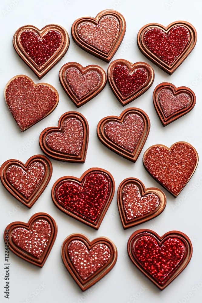 Fototapeta premium Many Glittering Red Hearts Arranged on White Surface in a Flat Lay Style for a Love Theme