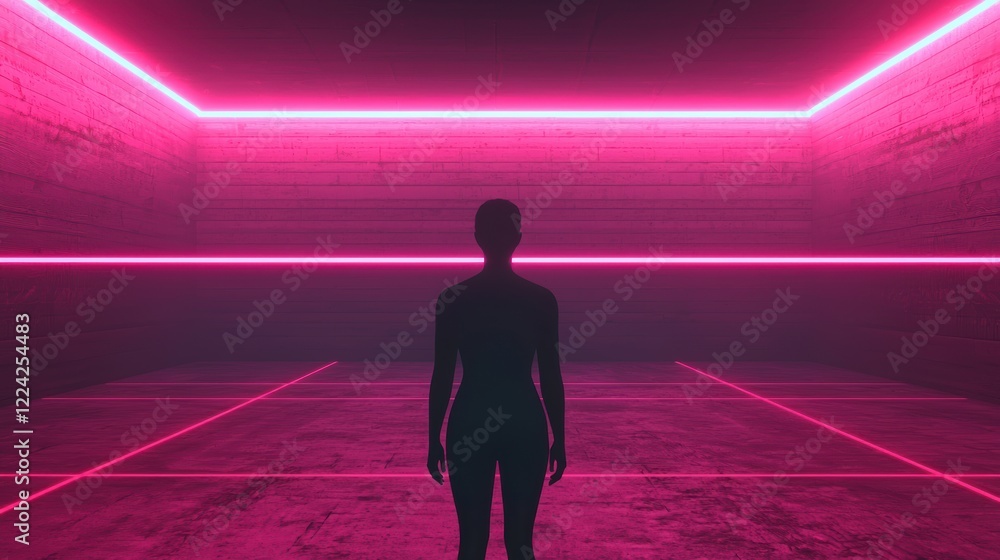 Silhouette of a Woman in a Pink Neon Room with Laser Grids Silhouette of a Woman in a Pink Neon Room with Laser Grids