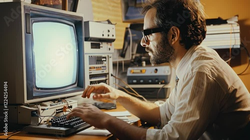 Retro Man Working on Vintage Computer 1980s Technology Programmer Office