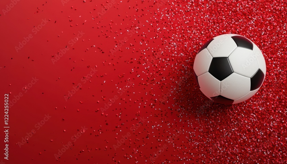 Fototapeta premium Soccer Ball on Red Glitter Background A Festive Sport Theme